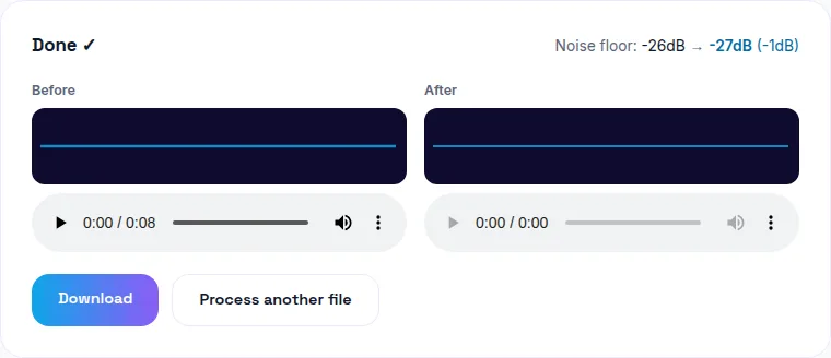 WavyVid echo removal tool result panel used to clean up room reverb on a recorded call, showing a download button